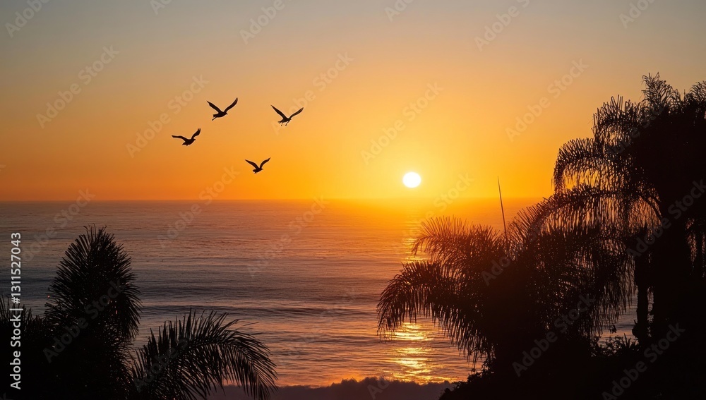 Naklejka premium Sunset birds silhouettes over ocean palm trees