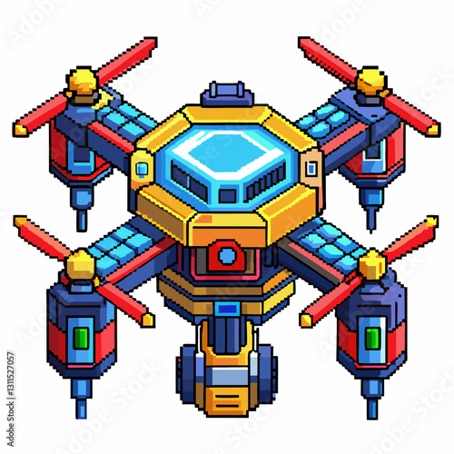 Futuristic Pixel Art Drone with Propellers and Solar Panels Retro Gaming Style Illustration