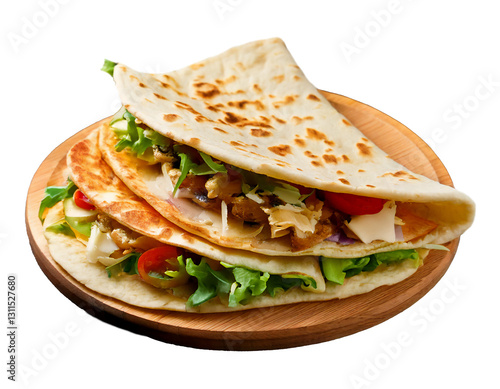 Italian piada wraps - piadina filled with fresh vegetable leaves, prosciutto crudo, mozzarella and tomatoes on wooden table.png