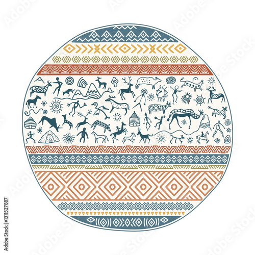 Vector round ethnic element, circular petroglyph pattern, rock paintings and geometric pattern, naive art, vector design