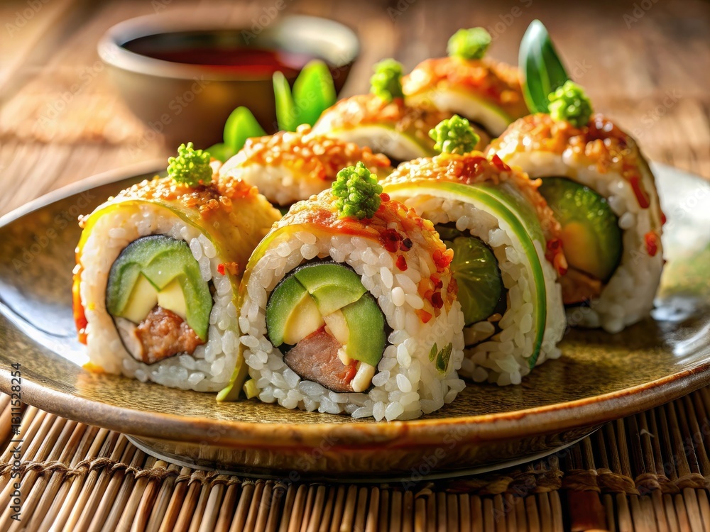 Surreal Godzilla sushi roll explodes with shrimp tempura, avocado, cucumber, and spicy tuna. Stunning food art. Surreal Godzilla sushi roll explodes with shrimp tempura, avocado, cucumber, and spicy tuna. Stunning food art.