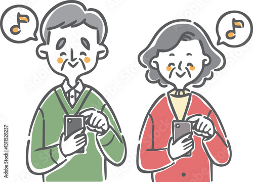 スマホを操作してご機嫌なシニア夫婦　上半身　ベクター