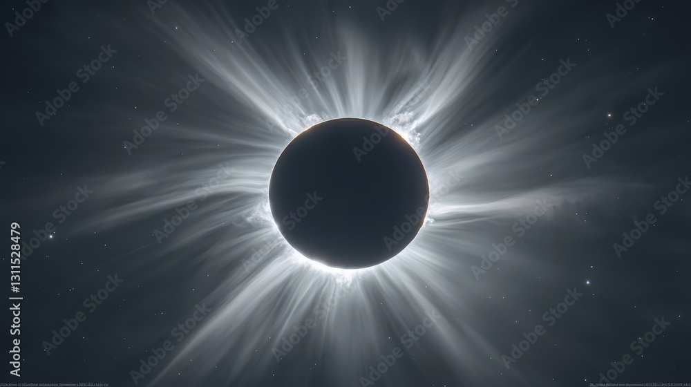 Obraz premium Dramatic captivating illustration of solar eclipse, featuring Moon covering the Sun and creating a stunning corona of light. The scene of totality with deep blacks, intense glow, and subtle shading