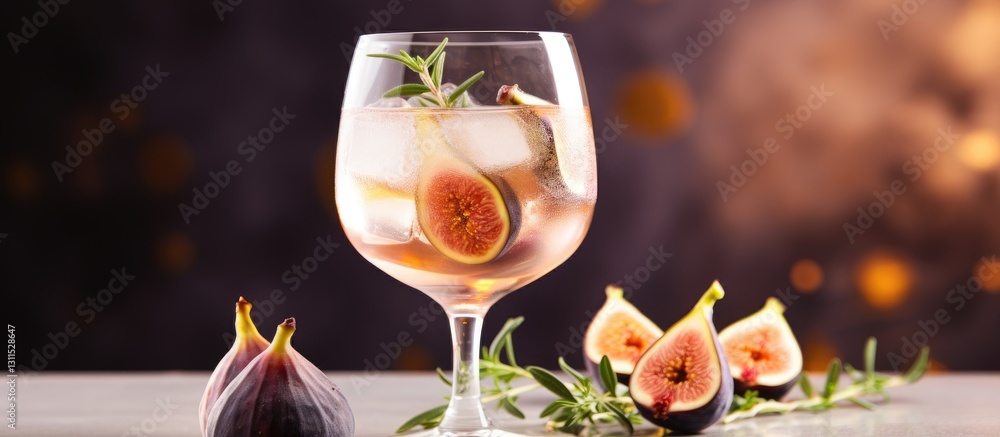 A refreshing white wine cocktail featuring figs and thyme in a large glass with ice, surrounded by fresh figs, set against a blurred warm backdrop. A refreshing white wine cocktail featuring figs and thyme in a large glass with ice, surrounded by fresh figs, set against a blurred warm backdrop.