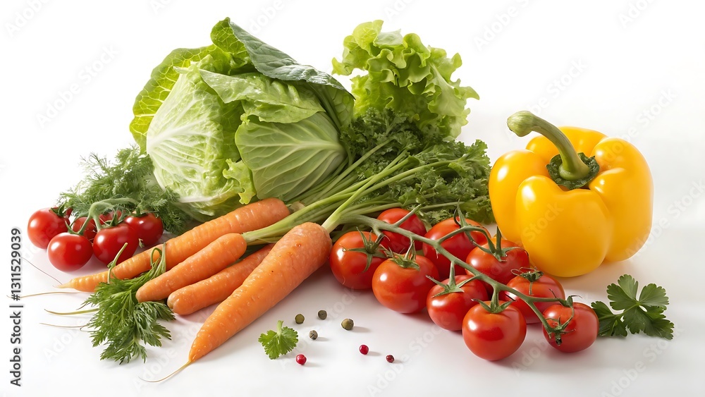 Fresh Vegetables with Vibrant Colors - Lettuce, Carrot, Tomatoes, Yellow Bell Pepper Fresh Vegetables with Vibrant Colors - Lettuce, Carrot, Tomatoes, Yellow Bell Pepper
