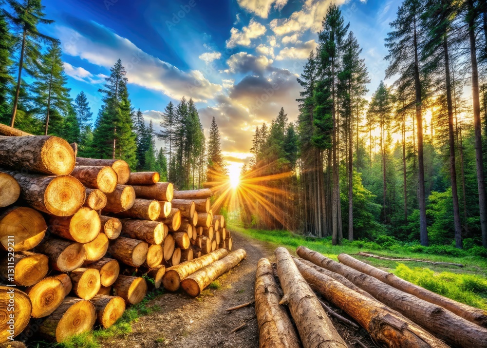 The timber industry's harvesting practices leave piles of felled trees, contributing to deforestation and forest loss. The timber industry's harvesting practices leave piles of felled trees, contributing to deforestation and forest loss.