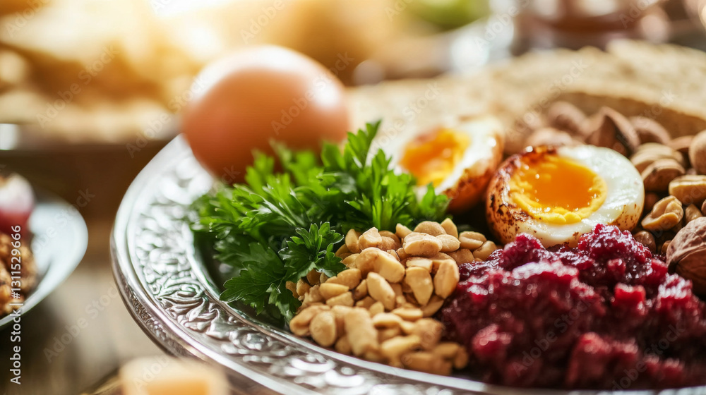 Passover seder plate with matzah, parsley, nuts, egg, and apple, close up background Passover seder plate with matzah, parsley, nuts, egg, and apple, close up background