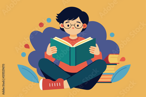A child sits cross-legged on the floor with a book, immersed in reading against a vibrant backdrop, read a book