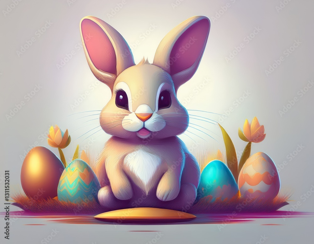 Fototapeta premium A simple cartoon Easter bunny with a white background and eggs