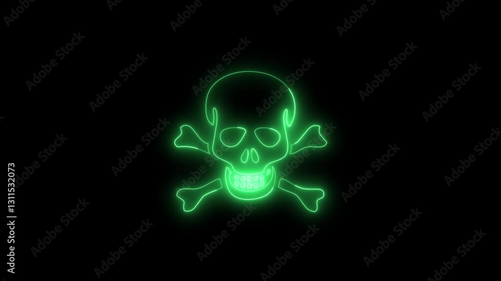 Neon Skull and Crossbones Icon Animation on Black Background, Glowing Danger Symbol, Toxic Hazard Warning, Cybersecurity Threat, Digital Piracy, Death Sign, Neon Skull and Crossbones Icon Animation on Black Background, Glowing Danger Symbol, Toxic Hazard Warning, Cybersecurity Threat, Digital Piracy, Death Sign,