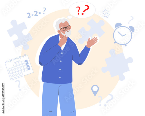 Alzheimer illness concept. Elderly man thoughts get confused in head. Senile dementia, problems with brain and memory.  Flat vector illustration