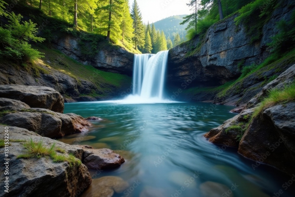 Fototapeta premium Jagged, textured rocks dominate foreground with Punchbowl Falls in background , travel, Eagle Creek