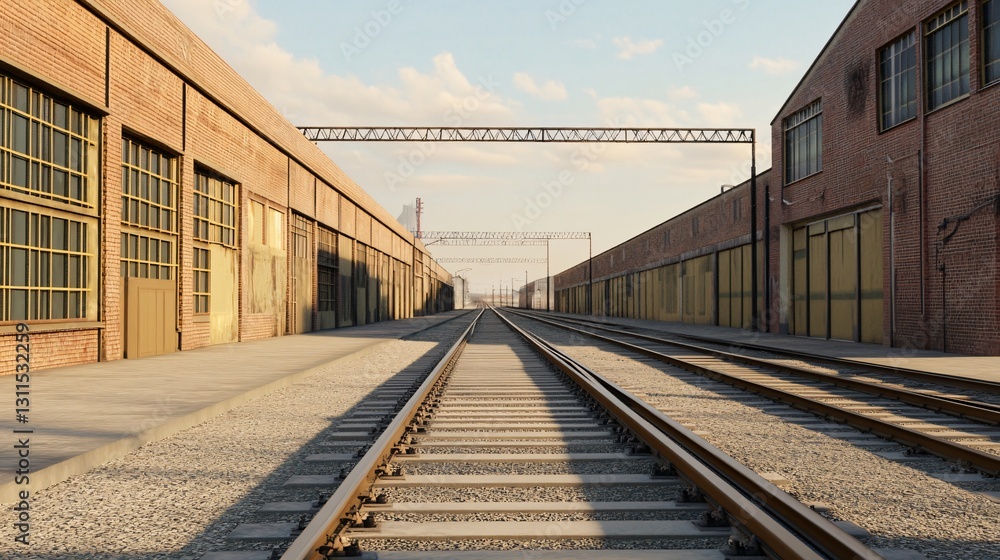 Modern Industrial Warehouse Exterior with Train Tracks, Industrial Building Facade with Railway, Urban Transportation and Logistics Concept Modern Industrial Warehouse Exterior with Train Tracks, Industrial Building Facade with Railway, Urban Transportation and Logistics Concept