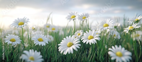 Vibrant white daisies with yellow centers in a lush green field under a soft gray sky creating a striking contrast in natural beauty.