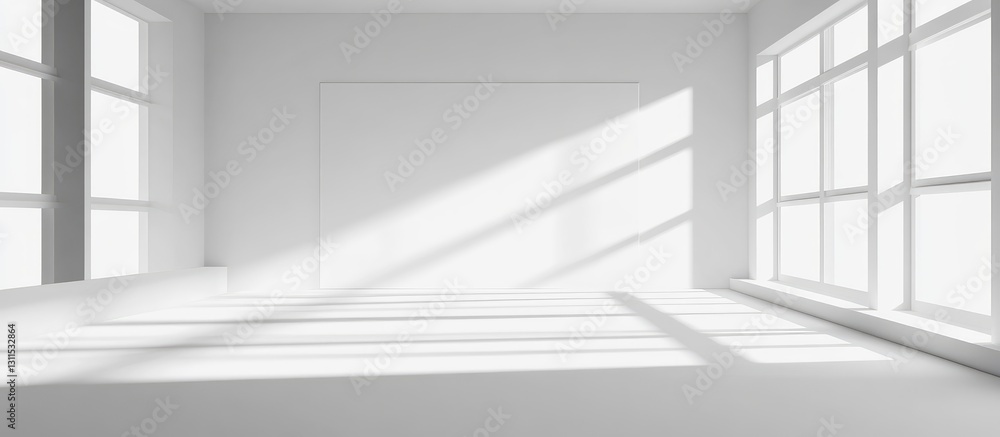 Obraz premium Bright minimalist interior with white walls and large windows casting shadows, featuring a blank poster space in a sunlit room.