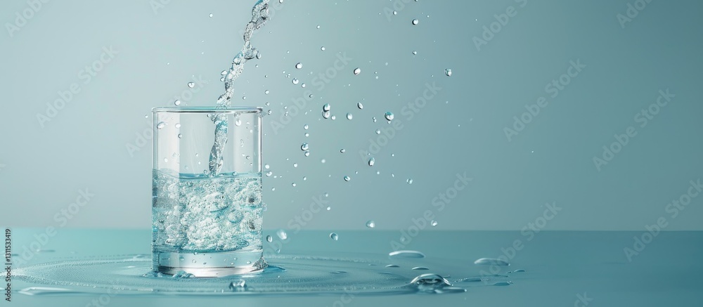 Water splashing into a glass beaker on a light blue background with bubbles and water droplets creating ripples and available copy space. Water splashing into a glass beaker on a light blue background with bubbles and water droplets creating ripples and available copy space.