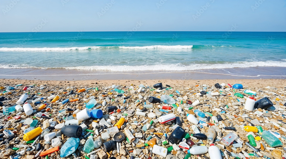 Beaches full of plastic waste, contrasting with the blue sea Beaches full of plastic waste, contrasting with the blue sea