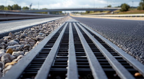 A detailed perspective of the junction where asphalt meets concrete, showcasing a drainage system with gravel along the highway. The setting highlights the road's edge and texture photo