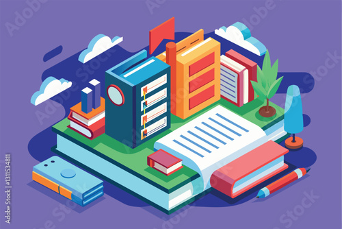 A colorful isometric illustration featuring a customizable reading list surrounded by various books and stationery, Reading list Customizable Isometric Illustration