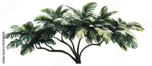 Lush green tropical tree with a broad canopy featuring varying shades of green leaves on a white background, showcasing detailed foliage and distinct branches.