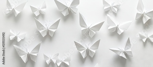 White origami butterflies arranged artistically on a clean white background creating a serene and minimalistic aesthetic with soft shadows.