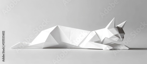 White origami cat sculpture positioned centrally on a soft grey backdrop showcasing sharp geometric shapes and clean minimalist design.