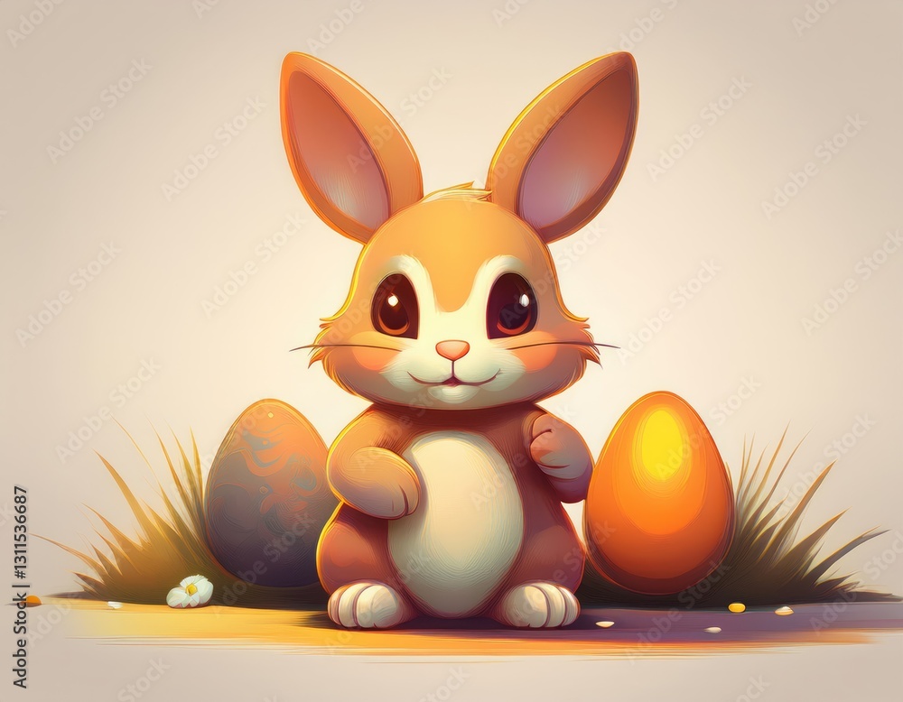 Fototapeta premium A simple cartoon Easter bunny with a white background and eggs