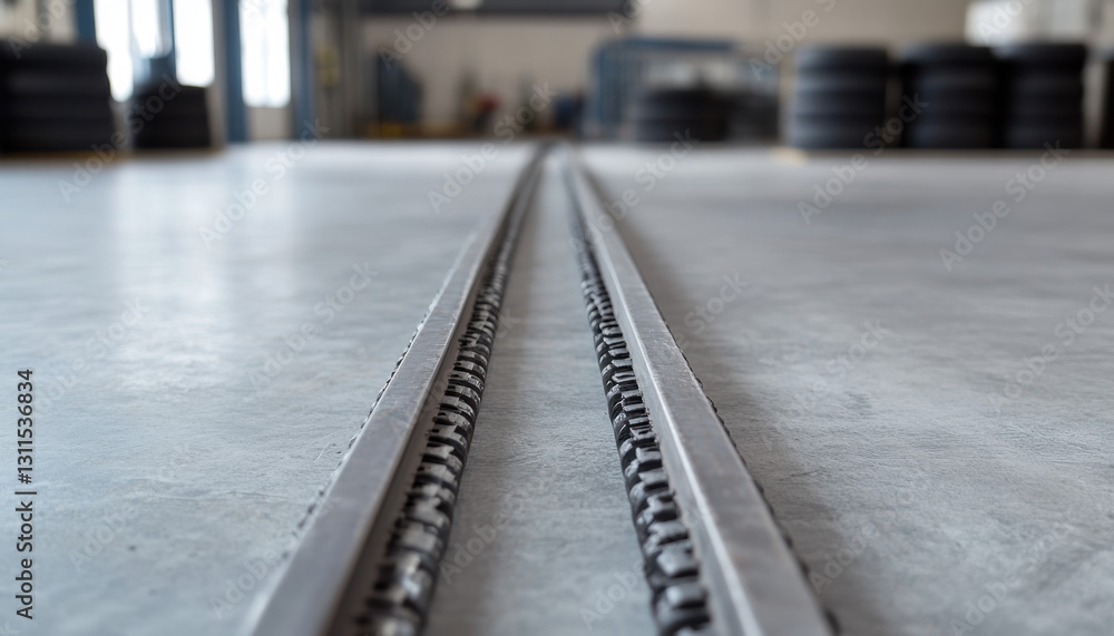 The steel bar track is clearly visible on the smooth factory floor, leading towards a section where tires are stacked against the wall, indicating operational activity inside a facility The steel bar track is clearly visible on the smooth factory floor, leading towards a section where tires are stacked against the wall, indicating operational activity inside a facility