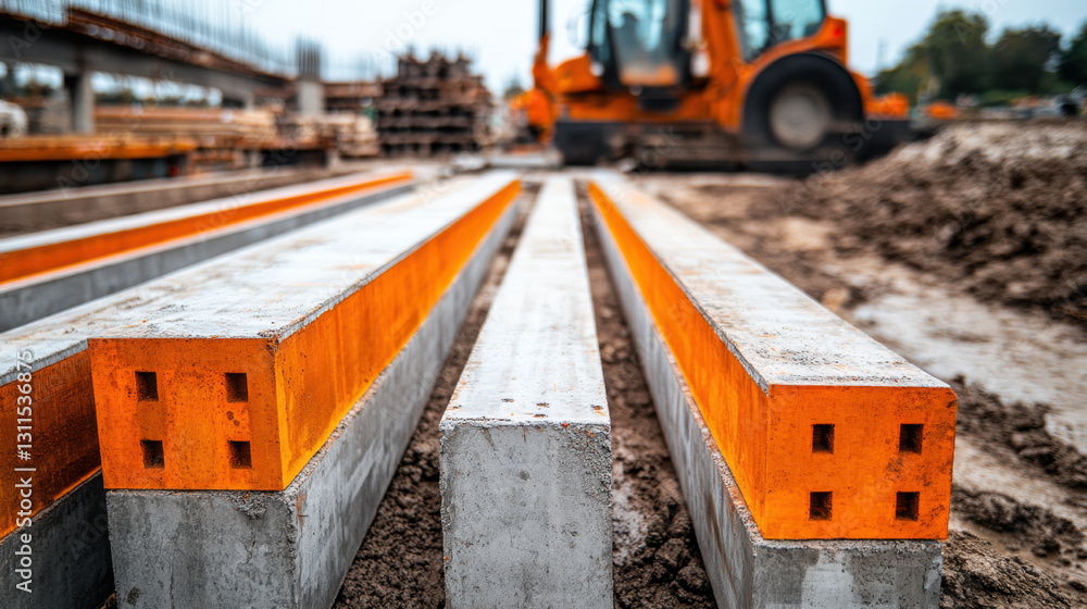 Concrete beams are arranged closely together on a construction site, showcasing freshly poured sections with vibrant orange markings Concrete beams are arranged closely together on a construction site, showcasing freshly poured sections with vibrant orange markings