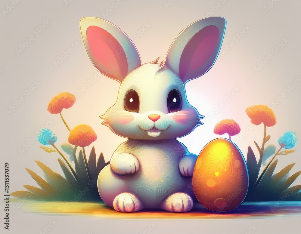 Fototapeta premium A simple cartoon Easter bunny with a white background and eggs
