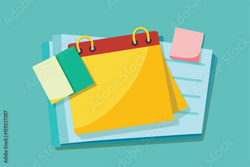 Realistic lined sticky notes with a clip binder are laid out, ideal for organizing thoughts, Realistic lined sticky notes with clip binder,
