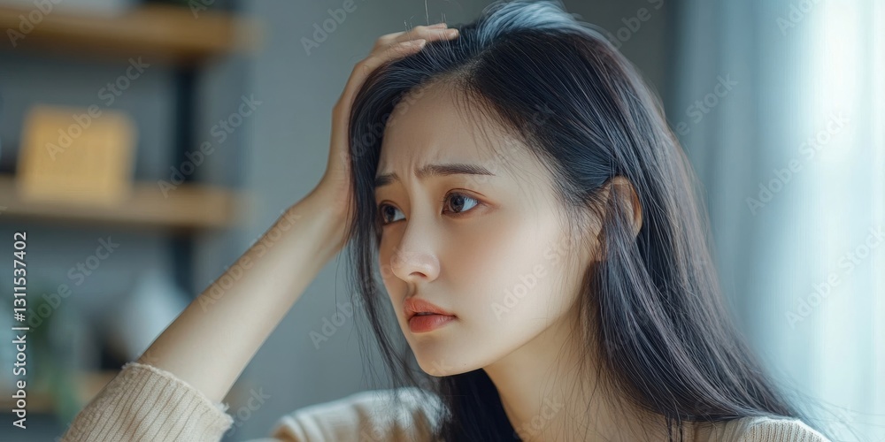 Fototapeta premium Thoughtful Young Woman Pensive Portrait Soft Lighting Indoor Setting Peaceful Atmosphere Relaxed