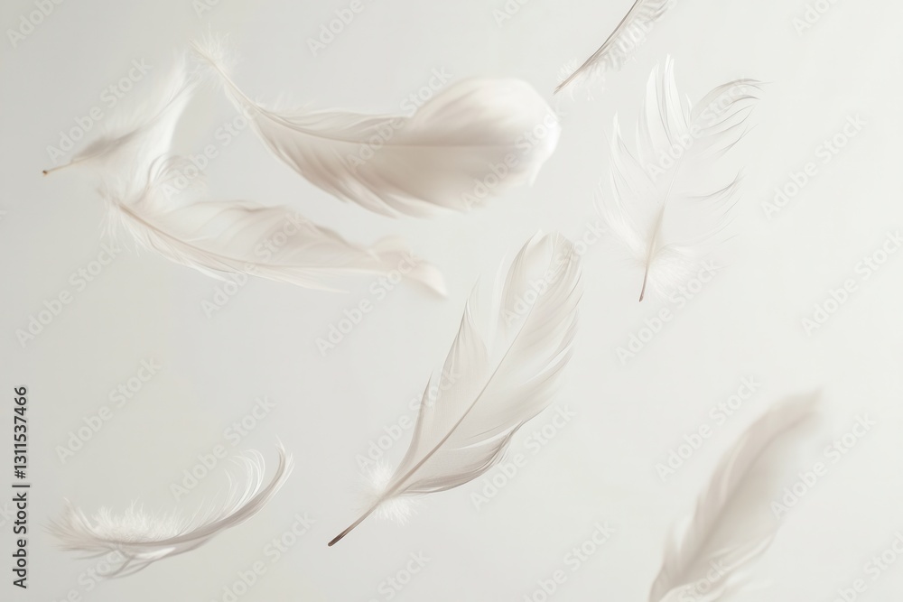 Fototapeta premium Floating feathers create a dreamy atmosphere against a soft white background in a high key setting