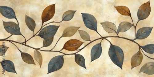 Floral Branches on Creamy Watercolor Background, Design, Pastel Color, Nature Leaf Patterns