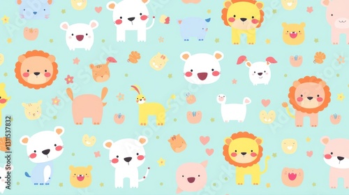 Cute Animals Seamless Pattern with Lions Bears and Pastel Background