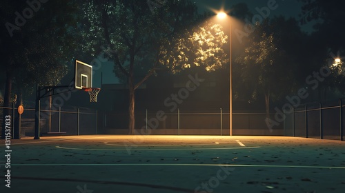 Nighttime Basketball Court Underneath Illuminated Trees
