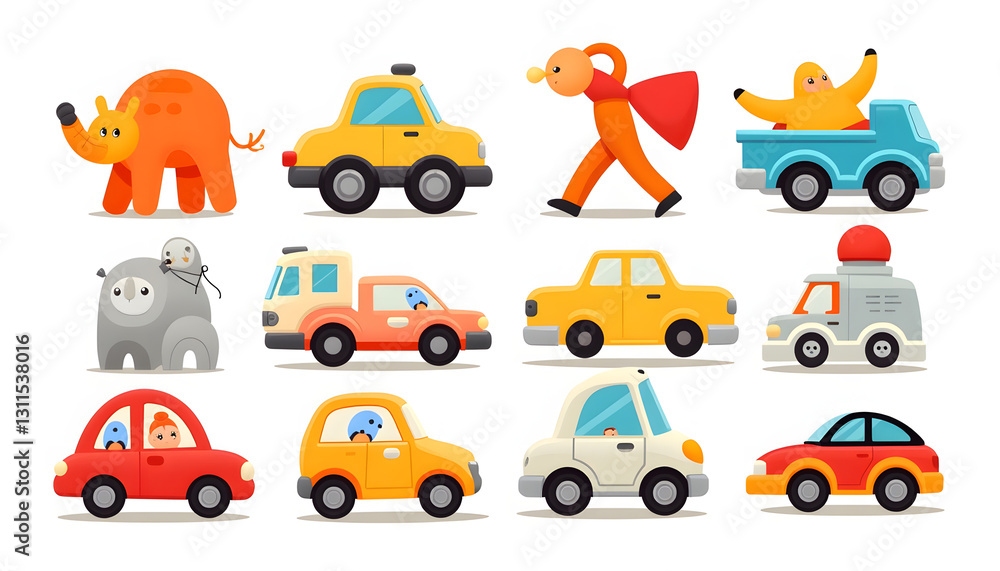 Fototapeta premium Toys in vector style: Create a set of vector toys (soft toys, cars, dolls) in bright colors on a white background.