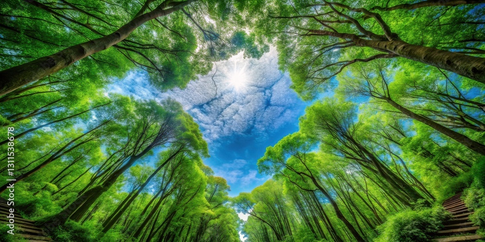 Fototapeta premium Looking Up at a Sunlit Canopy of Lush Green Trees and a Blue Sky with Puffy Clouds on a Pleasant Day Along a Winding Wooden Staircase Path