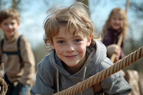 Smiling boy climbs rope with friends in outdoor adventure on a sunny day in spring photo