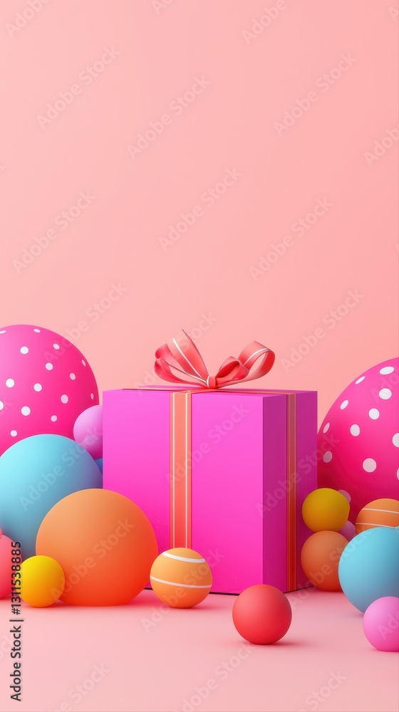Decorative pink gift box with bow surrounded by colorful eggs representing seasonal trends in product marketing on social media Decorative pink gift box with bow surrounded by colorful eggs representing seasonal trends in product marketing on social media