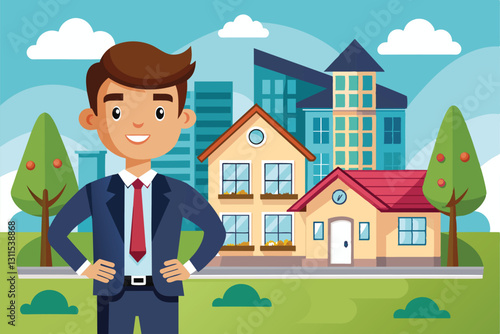 A cheerful realtor stands confidently outdoors with homes and city buildings in the background, Realtor Customizable Cartoon Illustration