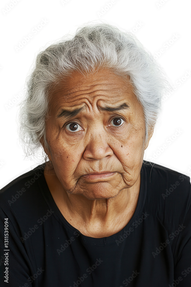 Elderly woman with gray hair showing concern and sadness, isolated on white background, emotional expression, aging, mental health awareness, portrait photo. Elderly woman with gray hair showing concern and sadness, isolated on white background, emotional expression, aging, mental health awareness, portrait photo.
