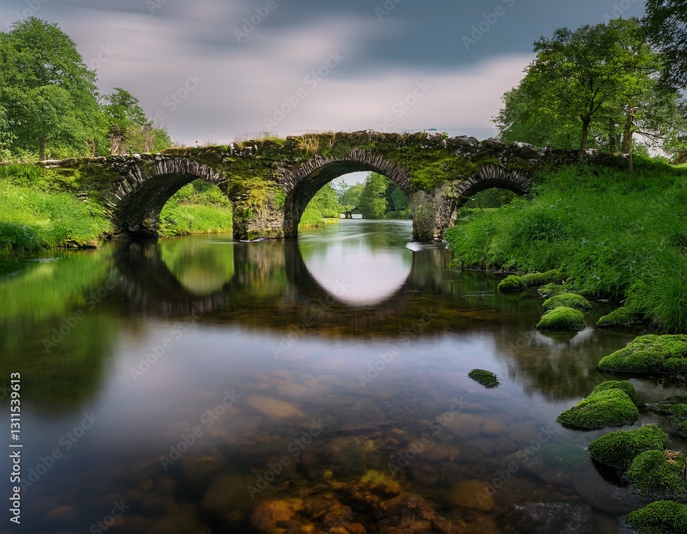Un tranquilo canal está conectado por un antiguo puente de piedra cubierto de musgo, hiperealista, 4k Un tranquilo canal está conectado por un antiguo puente de piedra cubierto de musgo, hiperealista, 4k