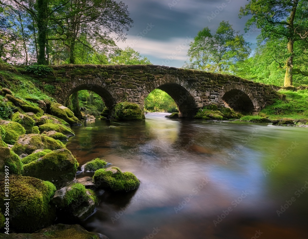 Fototapeta premium Un tranquilo canal está conectado por un antiguo puente de piedra cubierto de musgo, hiperealista, 4k