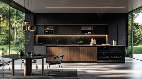 Spacious kitchen with dark wood and black elements, flooded with natural daylight for a refined look-1