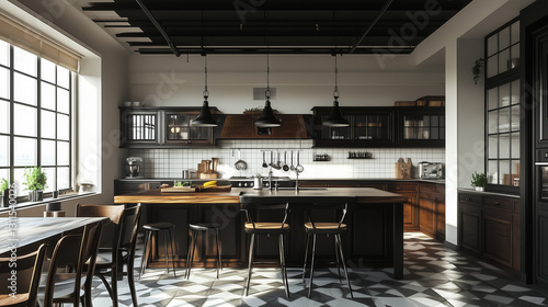 Spacious kitchen with dark wood and black elements, flooded with natural daylight for a refined look-3