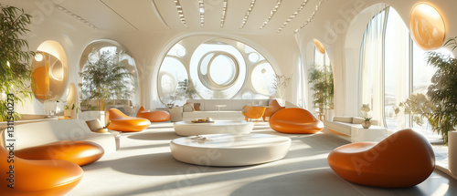 Spacious lounge area with spherical designs, sleek furniture, and natural light for relaxation-4