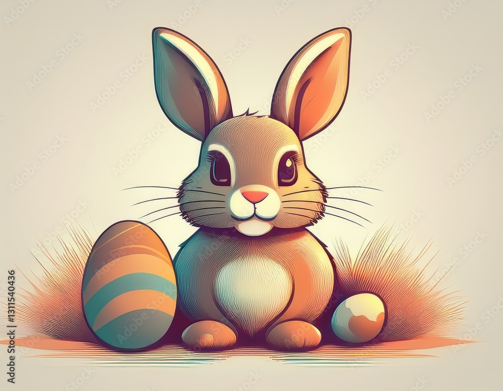 Fototapeta premium A simple cartoon Easter bunny with a white background and eggs