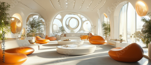 Spacious lounge area with spherical designs, sleek furniture, and natural light for relaxation-3