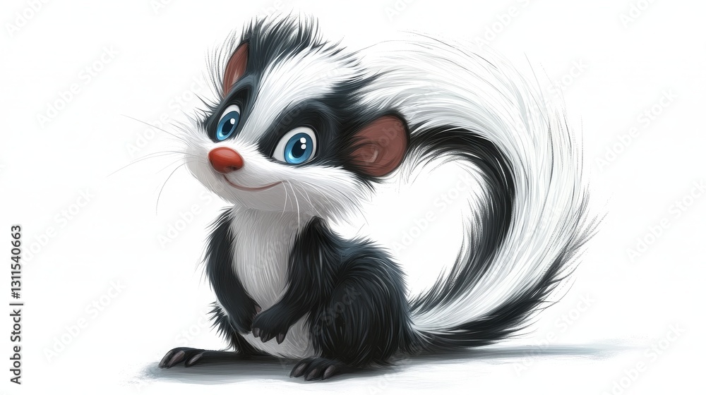 A charming skunk gazes back with a red-nosed grin, blue eyes sparkling amid striking black-and-white stripes A charming skunk gazes back with a red-nosed grin, blue eyes sparkling amid striking black-and-white stripes